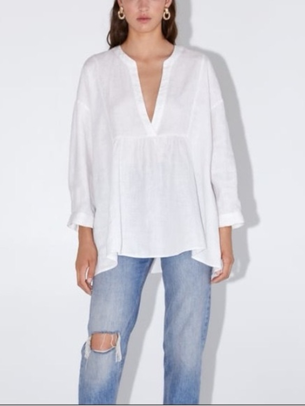 Zara Linen Babydoll V Neck Tunic Top